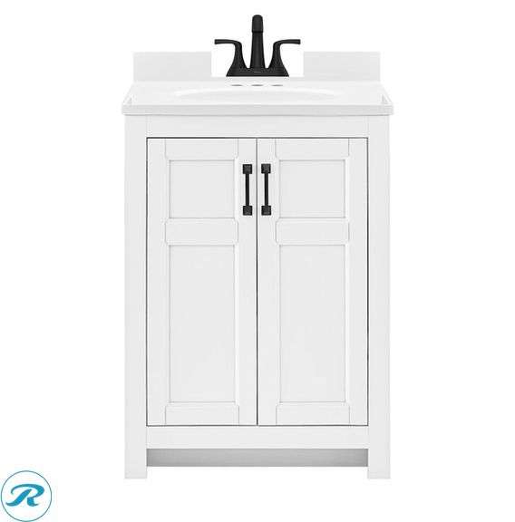 (1) Display Model - Style Selections Lowry 25-in White Single Sink Bathroom Vanity with White Acrylic Top with Pfister Rancho Matte Black 4-in centerset 2-handle WaterSense Mid-arc Residential Handle Bathroom Sink Faucet with Drain with Deck Plate (see photos for any damage)