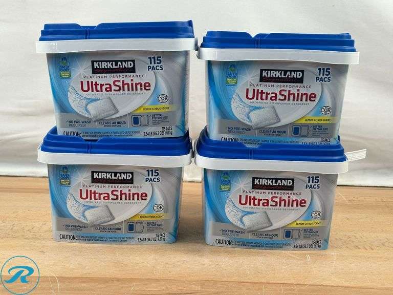 (4) Kirkland Signature Platinum Performance UltraShine Dishwasher Detergent Pacs, 115-count - Like New - Open Box/ Some Missing - Roller Auctions