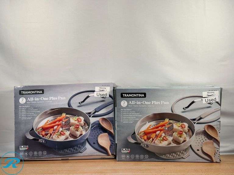 (2) Tramontina 5-quart All-In-One Plus Ceramic Non-Stick Pan- Used, Both Missing Accessories - Roller Auctions