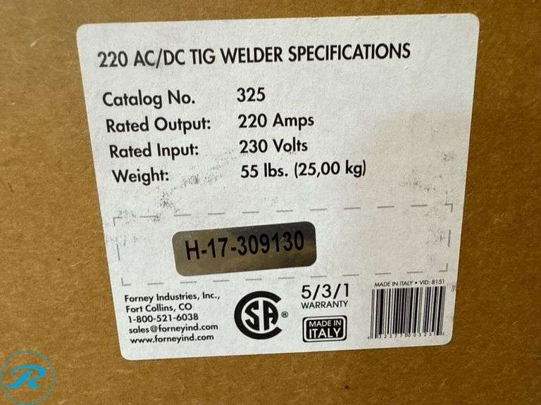 Forney 325 AC/DC TIG Welder, 220V, 220 Amps, 55 lbs - Roller Auctions