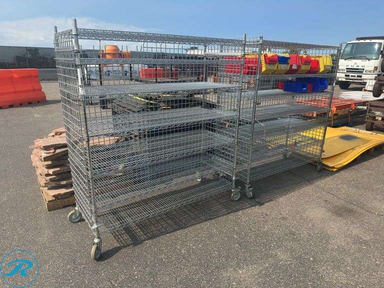 (2) 7-Tier Wire Racking Unit on Casters with Plastic Hardware Bins ...
