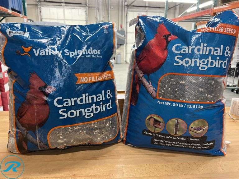 (2) Valley Splendor Seed Cardinal and Songbird Bird Food, 30 lb Bag- New/ Damaged Package/ Missing Some - Roller Auctions