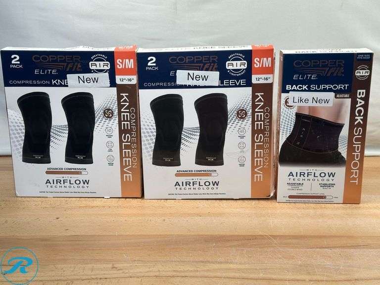 Copper Fit Elite Air Back Support- Like New; (2) Copper Fit Elite Air Knee Sleeve 2-pack- New - Roller Auctions