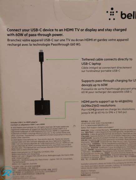 (2) Belkin - USB-C to HDMI Adapter + USBC Charging Port, 4K UHD Video, 60W Passthrough Power, Black - Like New - Roller Auctions