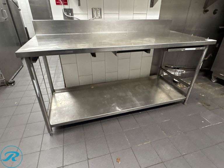 Stainless Steel Work Table with 6″ Backsplash with Lower Shelf, 72″ x 30″ x 35″H - Roller Auctions