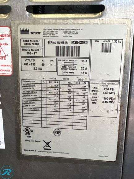 Taylor Model 390-27 Frozen Beverage Machine with Cart, 208-230V - Roller Auctions