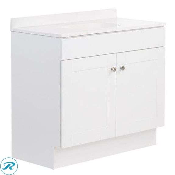 (1) Display Model- Project Source Dover 36-in True White Single Sink Bathroom Vanity with White Cultured Marble Top with Pfister Rancho Matte Black 4-in centerset 2-handle WaterSense Mid-arc Residential Handle Bathroom Sink Faucet with Drain with Deck Plate (Some Damage See Photos) - Roller Auctions