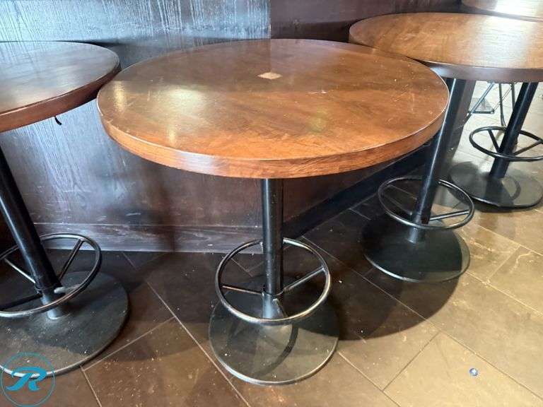 (4) 36in Round Wood Bar Tables with Black Metal Pedestal Bases - Roller Auctions