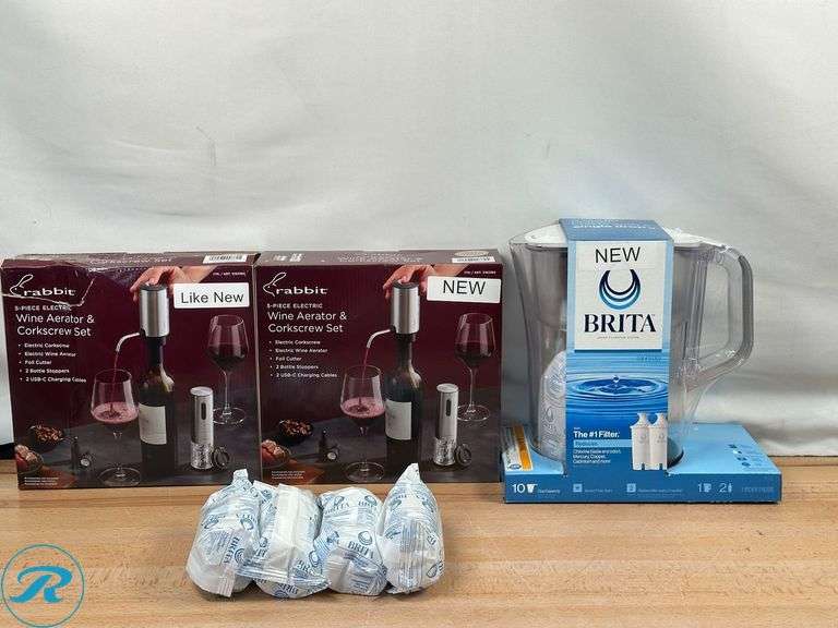 (2) Rabbit 5 Piece Electric Wine Aerator & Corkscrew Set- (1) New, (1) Like New; Brita: Water Filtration System- New; (6) Brita Filter Replacement- New - Roller Auctions
