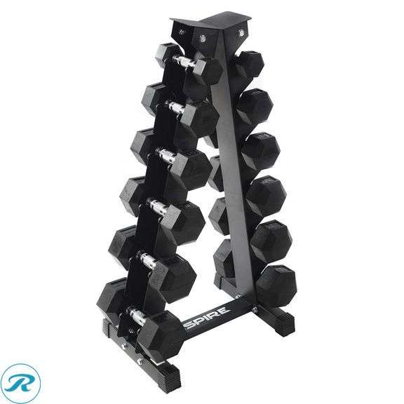 Inspire Fitness 210 lb. Rubber Hex Dumbbell Set with Rack - New - Missing 1 x 15lb Dumbbell, 25lb Chunk Missing - Roller Auctions