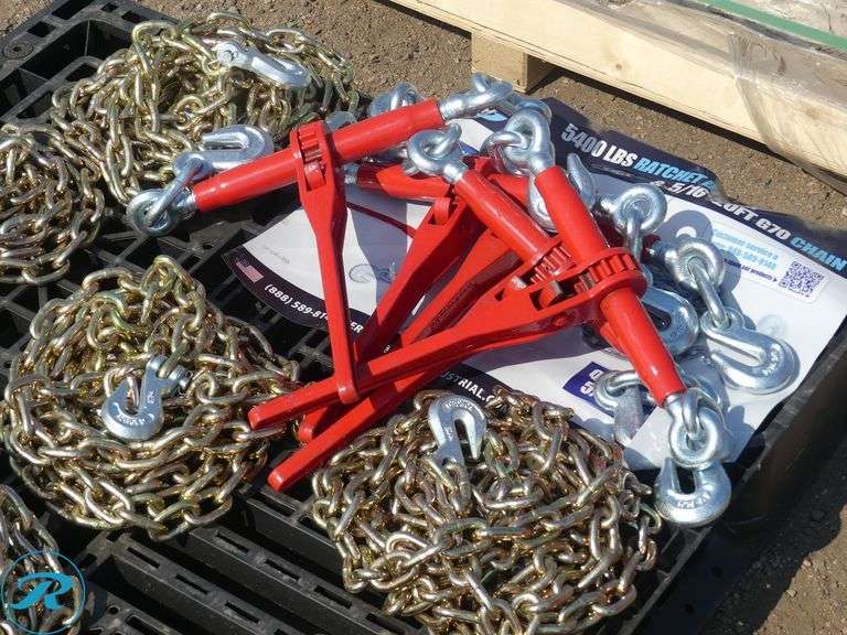 Pallet of (5) New Greatbear 5400LBS Ratchet Binders and (10) New 5/16" 20FT G70 Chains - Roller Auctions