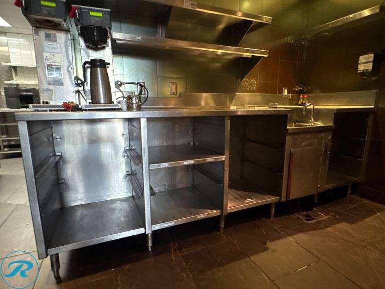 Stainless Steel Service Station With Shelves, Tray Slides, Sink, And Drain Well, 109” x 33” x 36”H