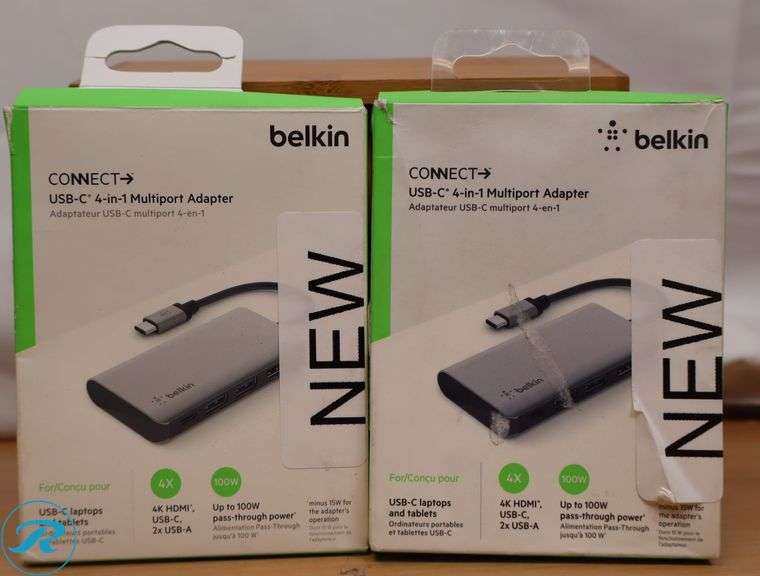 (2) Belkin - USB-C Hub 4-in-1 Multi-Port Laptop Dock with 4K HDMI, Adapter with 100W Power Delivery - for Mac, PC, and More , Gray - New - Roller Auctions