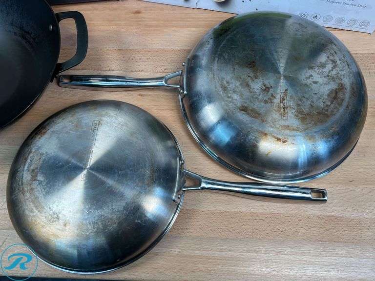 Tramontina 12.5" Carbon Steel Wok and 2-Piece Tri-Ply Clad Stainless Steel Skillets - Used - Roller Auctions