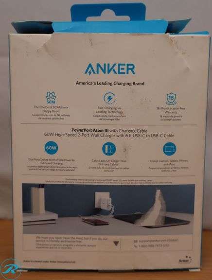 Anker - PowerPort PD 60W GaN Fast Charger and USB-C to C Cable 6ft for Macbook and Mobile Devices, White - New - Roller Auctions