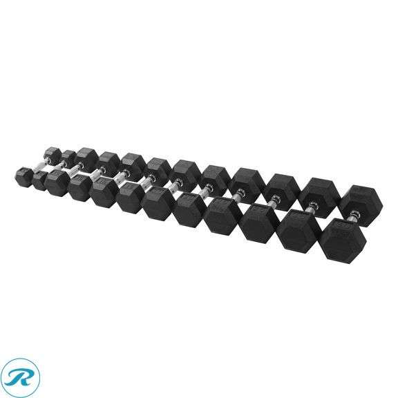 Inspire Fitness 210 lb. Rubber Hex Dumbbell Set with Rack - New - Missing 1 x 15lb Dumbbell, 25lb Chunk Missing - Roller Auctions