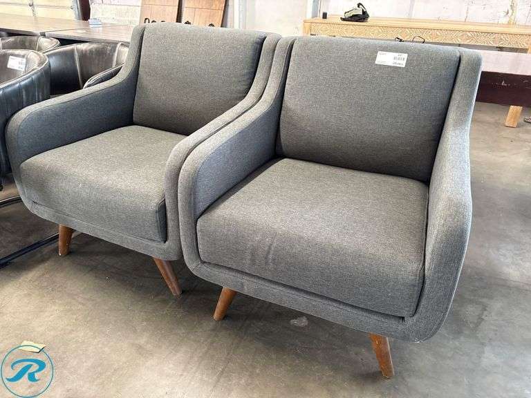 (2) Gray Upholstered Armchairs With Wooden Legs