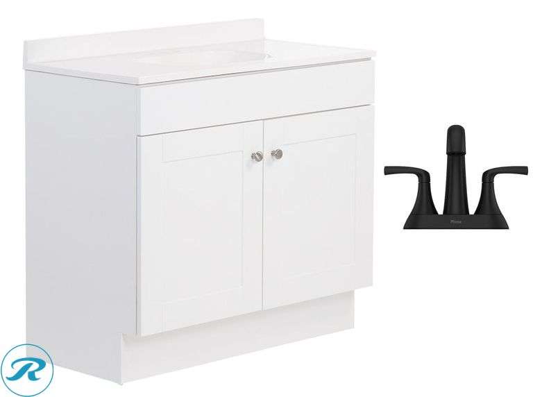 (1) Display Model- Project Source Dover 36-in True White Single Sink Bathroom Vanity with White Cultured Marble Top with Pfister Rancho Matte Black 4-in centerset 2-handle WaterSense Mid-arc Residential Handle Bathroom Sink Faucet with Drain with Deck Plate (Some Damage See Photos)