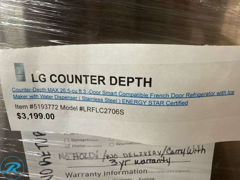 LG LRFLC2706S Counter-Depth 26.5 Cu. Ft. Smart French Door Refrigerator - Roller Auctions