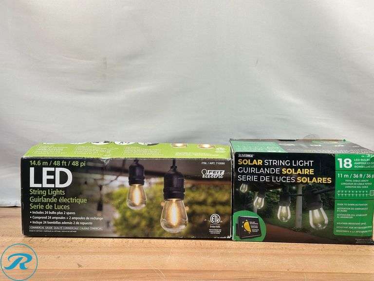 Feit Electric 48' LED Filament String Light Set- Like New; SunForce 36' 18 LED Solar String Lights, 18 Bulbs Warm Light White Lighting- Like New - Roller Auctions
