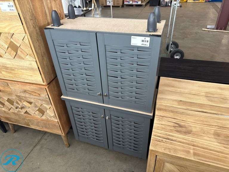(2) Gray Wood Storage Cabinets with Louvered Doors