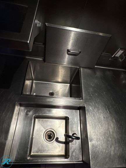Stainless Steel Service Station With Shelves, Tray Slides, Sink, And Drain Well, 109” x 33” x 36”H - Roller Auctions