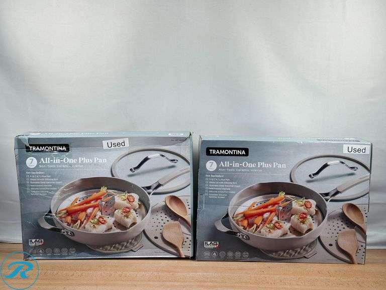(2) Tramontina 5-quart All-In-One Plus Ceramic Non-Stick Pan, 7-piece Set - Used - (1) Glass Lid is damaged at Silicone top - Roller Auctions