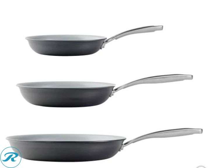 Tramontina: PROLine Commercial Grade Nonstick Fry Pan- New; Tramontina: 3 Pack Ceramic Non- Stick Skillets- New - Roller Auctions