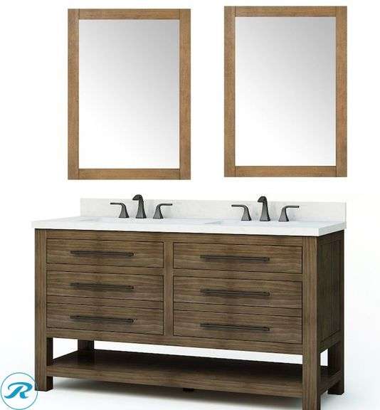 (5 Items) Display Model- (1) allen + roth Kennilton 60-in Gray Oak Undermount Double sink Bathroom Vanity with White Carrera Engineered stone Top (2) allen + roth Ronald 20-in x 28-in Framed Rectangle Bathroom Vanity Mirror ( Almond latte ) (2) Pfister Rancho Matte Black Widespread 2-handle WaterSense Mid-arc Residential Handle Bathroom Sink Faucet with Drain (Total of 5 items)