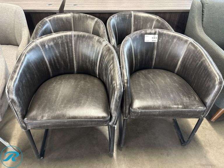 (4) Coaster Barrel-Back Chairs with Black Faux Leather Upholstery and Metal Legs