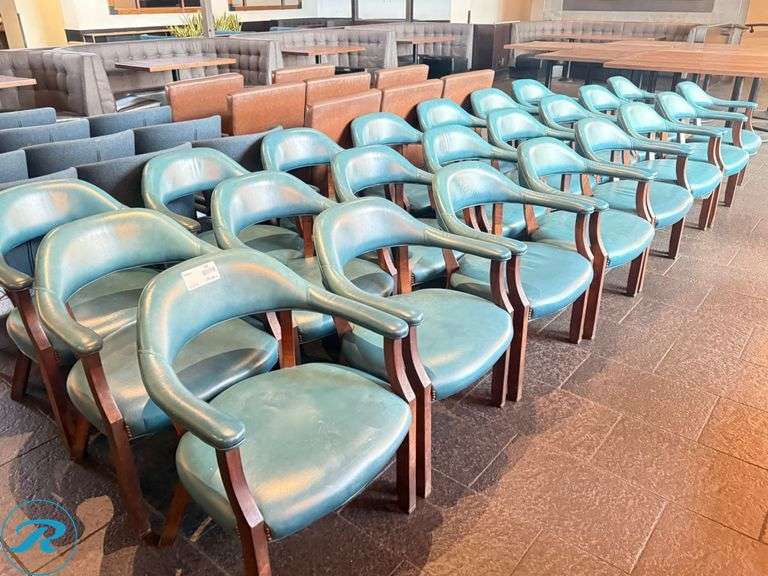 (22) Mid-Century Style Wood Frame Chairs with Teal Upholstery - Roller Auctions