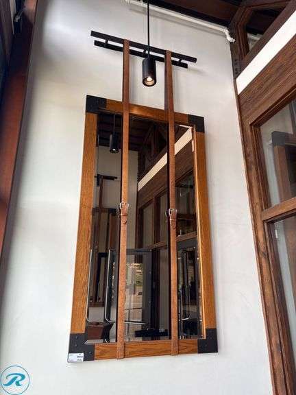 Mirror With Wood Frame and Leather Strap Accents, 7’H x 46″W - Roller Auctions