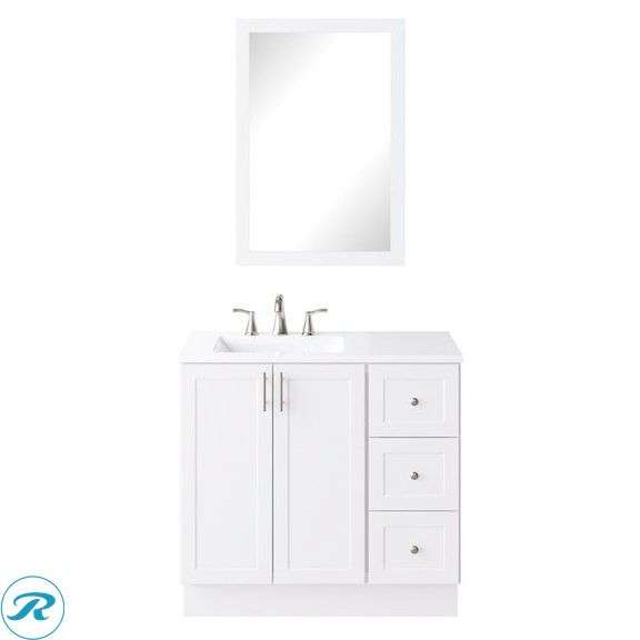 (1) Display Model - Style Selections Davies 36-in White Single Sink Bathroom Vanity with White Cultured Marble Top (Mirror Included) Pfister Masey Brushed Nickel Widespread 2-handle WaterSense Mid-arc Residential Handle Bathroom Sink Faucet with Drain (Total of 1 Vanity with Mirror and Faucet) (See Photos)