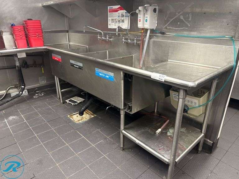 Stainless Steel Commercial Kitchen Sink and Wash Station, 115 in x 30 in and 108 in x 90 in - Roller Auctions