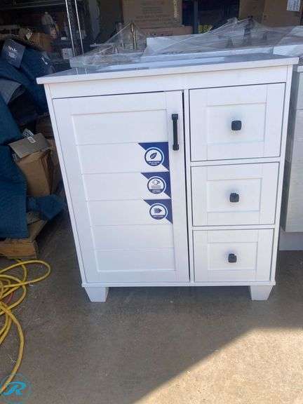 (1) Display Model- allen + roth Rigsby 30-in White Undermount Single Sink Bathroom Vanity with White Engineered Marble Top (Total 1 vanity with top) (Some very minor scratches on top See photos) - Roller Auctions