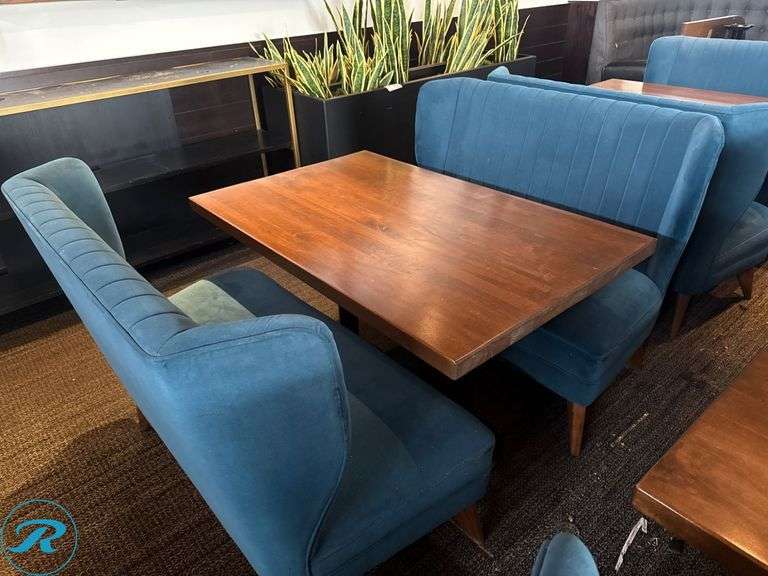 Dining Seating Package; (8) 46in Benches and (4) 48in x 30in Tables with Wood Tops and Upholstered Seats - Roller Auctions