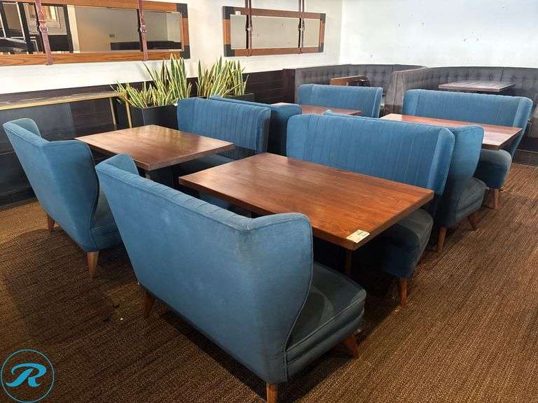 Dining Seating Package; (8) 46in Benches and (4) 48in x 30in Tables with Wood Tops and Upholstered Seats - Roller Auctions