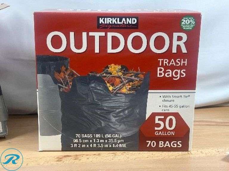 (2) Boxes of Kirkland Signature Outdoor Trash Bags, 50 Gallon, 70 Bags Each – Previously Opened - Roller Auctions