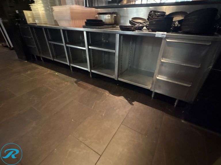 Stainless Steel Workstation with Open Shelves and Drawers, 151″ x 24″ x 36″H - Roller Auctions