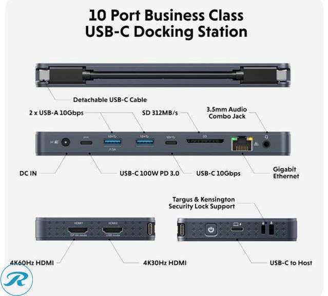 HyperDrive Next 10 Port Business Class USB C Docking Station for PC/Mac/Chromebook, Pro-Grade 2X File Transfer w/ 10Gbps, 3X Fast Photo/Video Transfer w/SD 4.0, Charges w/ 100W PD Power - Like New - Roller Auctions