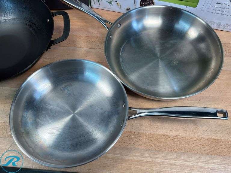 Tramontina 12.5" Carbon Steel Wok and 2-Piece Tri-Ply Clad Stainless Steel Skillets - Used - Roller Auctions
