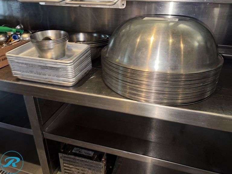 (30) Stainless Steel Mixing Bowls, (12) Aluminum 1/8 Sheet Pans, Sauce Cups - Roller Auctions