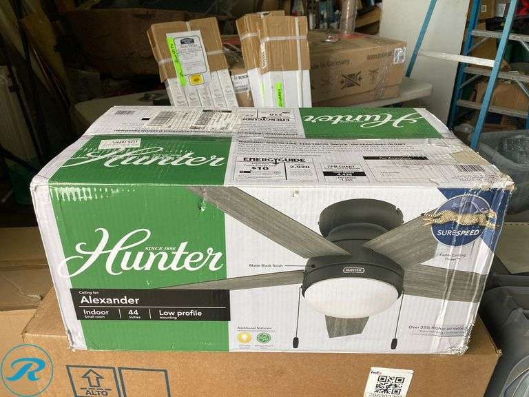 (1) New- Hunter Alexander 44-in Flush Mount Matte Black with Dark Gray Oak Blades Ceiling Fan With Light ( 5 -Blade ) (total of 1 fan) - Roller Auctions