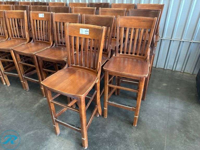 (10) Wood Bar Stools with Slatted Backrests and Brass Footguard - Roller Auctions