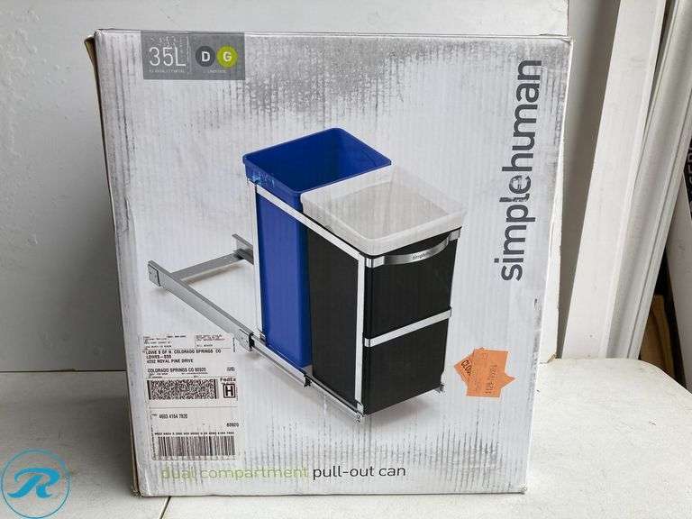 (1) New- simplehuman 10-in x 18-in x 19-in 35 Soft Close 2 Pull-out recycling center (total of 1) - Roller Auctions