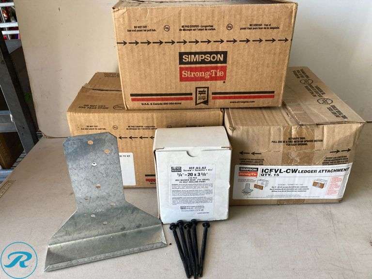 (4) New- (3) Simpson Strong-Tie 7-in 16 -Gauge Galvanized Steel Strap Wood to concrete (retrofit) 10-pack (1) Simpson Strong 1/4" 3/58 20 - pack (total of approx 4 items) - Roller Auctions