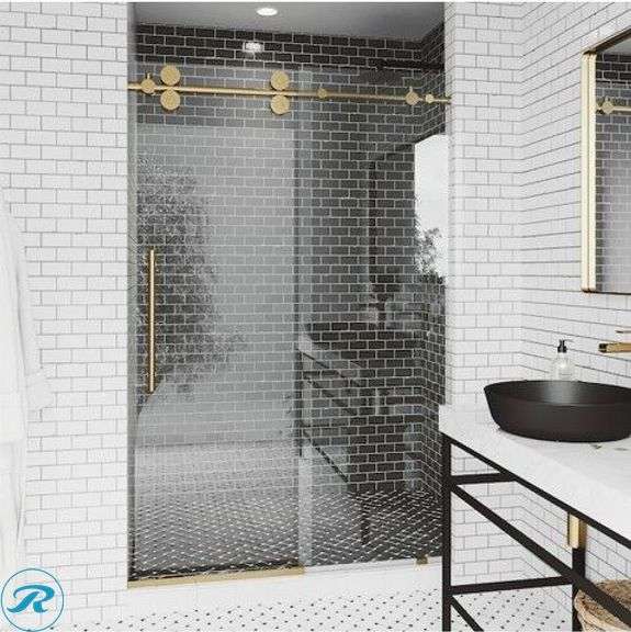 (1) New- VIGO Elan Matte Brushed Gold 56-in to 60-in W x 74-in H Frameless Clear Glass Sliding Shower door (total of 1)
