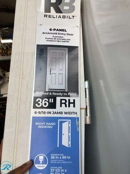 (1) New- Reliabilt 36" x 80" x 6 9/16" Steel no glass right hand Inswing primed prehung front door with Brickmould insulating core (some damage in frame see Photos) (Total of 1) - Roller Auctions