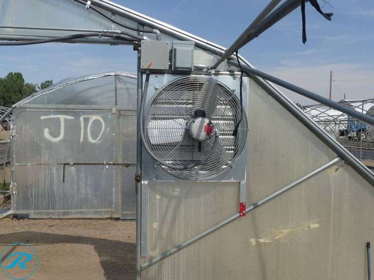 (4) Tunnel Hoop House Frames, 95′ x 17′, With Front and Rear Doors, 60″ x 76″ (2-Complete With Modine Heaters and New Fans and Louvers) - Roller Auctions