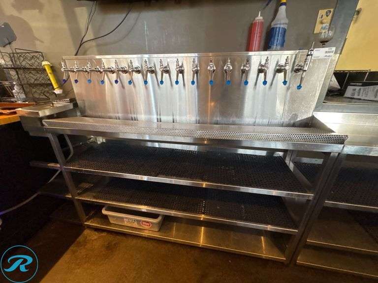16-Tap Stainless Steel Beer Dispensing Station With Shelving, 140in - Roller Auctions
